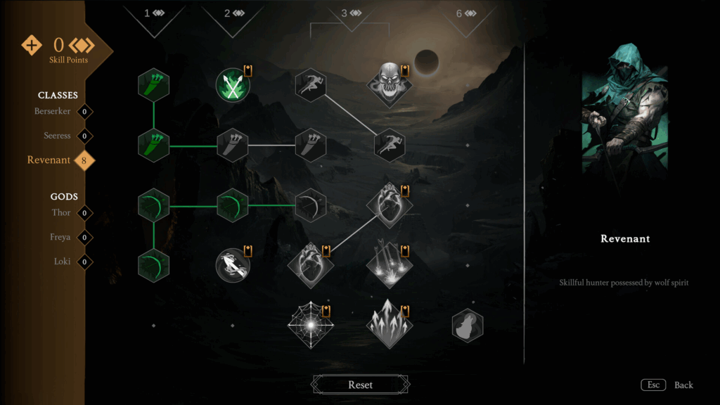 Jotunnslayer traz uma grande árvore de habilidades para cada classe, permitindo a criação de builds de personagem