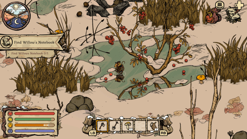 Com cenário desenhado a mão, Winter Burrow é um cozy game que parece um conto de fadas jogável