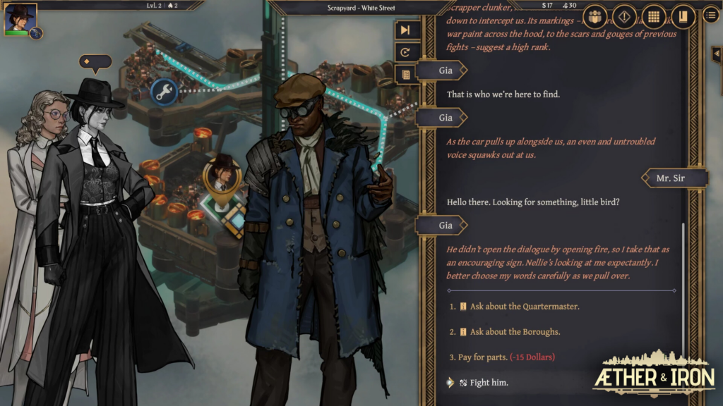 Além do combate tático, os personagens de Aether & Iron são todos desenhados à mão e contam com falas dubladas em inglês.